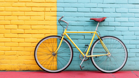 A vibrant yellow and blue bicycle leans against a colorful brick wall, creating a cheerful backdrop perfect for capturing fun moments in a city setting.の素材