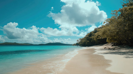 The image showcases a tranquil tropical beach with turquoise waters and golden sands, surrounded by lush greenery and fluffy clouds under a bright blue sky.の素材