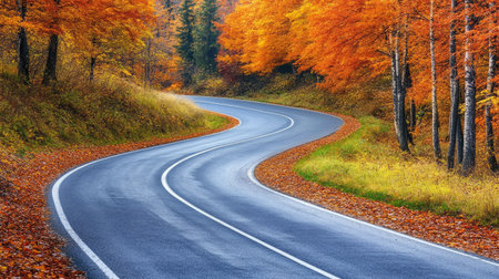 A beautiful winding road cuts through a stunning autumn forest filled with vibrant orange and yellow leaves. The scene captures a tranquil moment in nature's transition.の素材