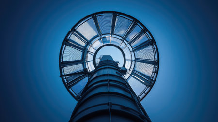 Captivating view of a modern architectural tower taken from below, highlighting unique designs and innovative engineering combined with stunning blue hues, perfect for urban themes.の素材