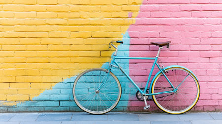 A picturesque scene featuring a vintage bicycle against a vibrant wall of yellow and pink paint, capturing a cheerful and lively urban atmosphere perfect for creative projects.の素材