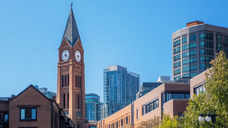 A striking juxtaposition of a historic clock tower against modern skyscrapers in a vibrant urban setting. This scene captures the essence of city life under a clear blue sky.の素材