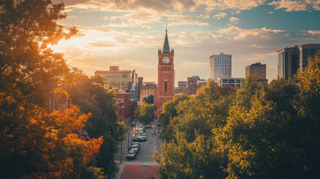 A stunning city skyline features a historic clock tower framed by vibrant trees during sunset, showcasing a serene evening in an urban landscape filled with charm and beauty.の素材