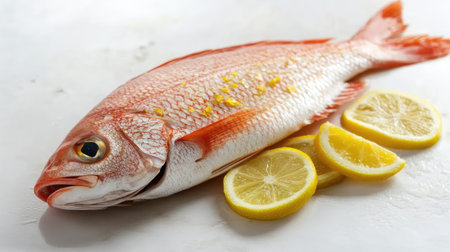 A beautifully arranged fresh fish accompanied by lemon slices, ideal for culinary presentations. Perfect for showcasing healthy meal ideas.の素材