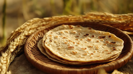A beautiful display of traditional flatbreads on a rustic plate, capturing the essence of handmade culinary craftsmanship in a warm, natural setting.の素材