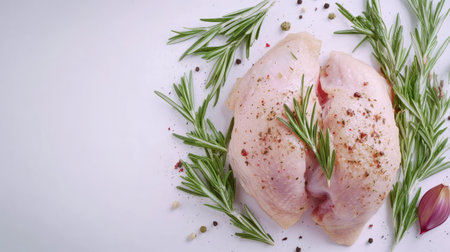 A fresh chicken breast garnished with rosemary and spices on a white plate, perfect for cooking enthusiasts seeking culinary inspiration and healthy meal ideas.の素材