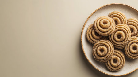 This image showcases a beautiful arrangement of spiral-shaped cookies on a simple plate, perfect for enhancing any culinary project or food-related presentation.の素材
