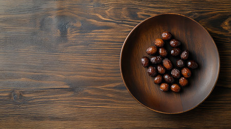 A beautiful arrangement of nuts on a rustic wooden plate, showcasing the natural textures and colors, perfect for food styling and healthy eating themes.の素材