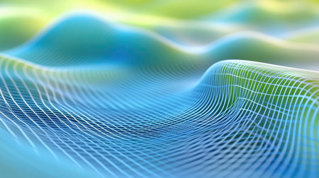 This abstract image features flowing waves with a delicate grid overlay in vibrant colors, perfect for digital design, backgrounds, and artistic projects.の素材