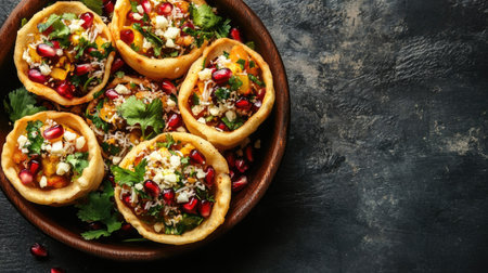 A bowl of sev puri topped with chutneys and pomegranate seeds, with ample space for text.の素材