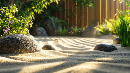 A soothing Japanese Zen garden scene featuring smooth sand, rounded stones, and lush plants bathed in gentle sunlight, perfect for meditation and relaxation in nature.の素材