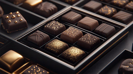 Discover a visually stunning assortment of gourmet chocolates arranged elegantly in a luxury box, perfect for gifts or special occasions.の素材