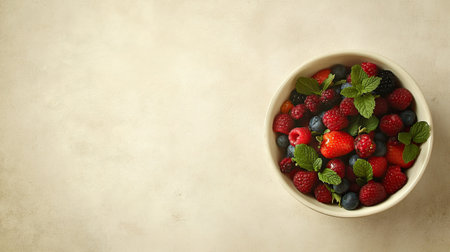 A bowl of mixed berries and mint leaves, perfect for summer snacks, with ample text spaceの素材