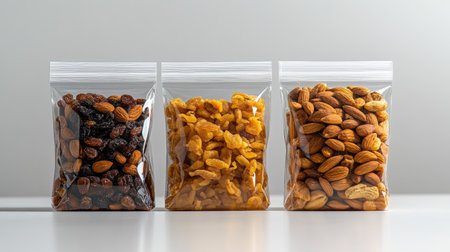 This image showcases three transparent bags filled with assorted nuts, highlighting the diversity and quality of healthy snacks. Perfect for food packaging illustrations.の素材