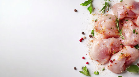 This image features fresh chicken thighs sprinkled with herbs and spices on a clean white background, perfect for culinary inspiration and food-related projects.の素材