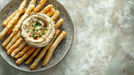 A delicious array of crisp breadsticks arranged around a bowl of creamy hummus, topped with parsley and paprika, perfect for gatherings or a healthy snack.の素材