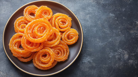 A tempting arrangement of traditional Indian jalebi, elegantly coiled and glistening with syrup, presented on a dark plate, ideal for food lovers and festive celebrations.の素材