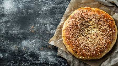 A freshly baked round bread topped with seeds rests on a rustic surface. Perfect for bakery promotions, food styling, or culinary projects.の素材