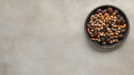 A vibrant mix of nuts and dried fruits beautifully arranged in a rustic bowl, showcasing the perfect healthy snack for any occasion. Ideal for recipes and food styling.の素材