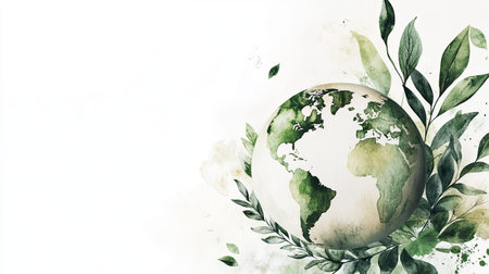 This artistic illustration features a globe surrounded by lush green leaves, emphasizing themes of sustainability, ecological balance, and environmental protection in a serene atmosphere.の素材