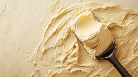 A close-up image of smooth and creamy butter spread on a rustic surface, accompanied by a metal spatula, ideal for culinary and baking inspiration in a home kitchen.の素材
