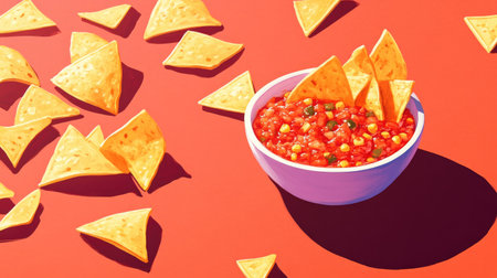 A vibrant bowl of salsa with crispy tortilla chips scattered around, set against a bright red background. Perfect for food lovers and culinary creations.の素材