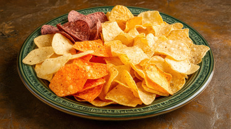 A vibrant mix of crispy tortilla chips in various flavors served on a decorative plate, ideal for parties or casual gatherings, making snack time delightful and enjoyable.の素材
