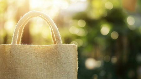 A stylish eco-friendly tote bag is shown in soft focus against a vibrant natural background, perfect for promoting sustainable shopping habits and outdoor living.の素材
