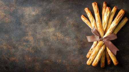 Delight in the sight of freshly baked breadsticks elegantly arranged with a brown ribbon, perfect for enhancing culinary displays and food photography.の素材