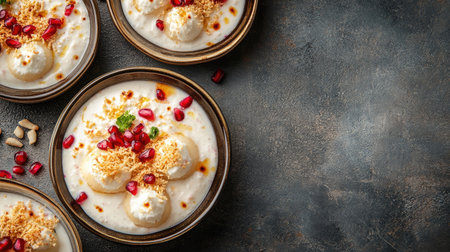 Indulge in these creamy dessert bowls topped with vibrant pomegranate seeds, coconut flakes, and chopped nuts, perfect for enhancing any dining experience or celebration.の素材