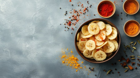 A bowl filled with sliced bananas sits on a gray table, surrounded by colorful spices, providing an inviting and healthy visual for culinary enthusiasts and food lovers.の素材