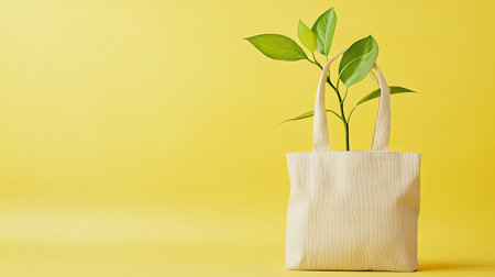 An eco-friendly bag featuring a vibrant green plant, symbolizing sustainable living and environmental awareness, set against a bright yellow background. Perfect for eco-conscious themes.の素材