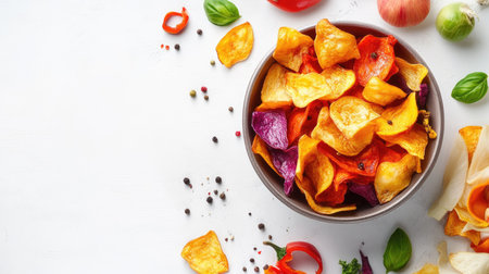 A vibrant bowl of crispy vegetable chips arranged beautifully on a light background. Fresh ingredients and seasoning enhance the healthy appeal ideal for culinary uses.の素材
