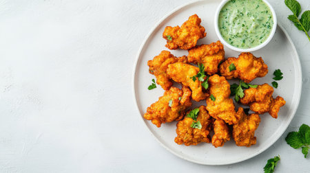 Discover a tempting plate of crispy fried bites beautifully arranged with a bowl of green sauce, perfect for appetizers or casual gatherings, enhanced with fresh herbs.の素材