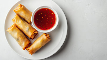 Delight in crispy spring rolls served with a vibrant sweet and spicy sauce, ideal for gatherings, celebrations, or a satisfying snack at any time.の素材