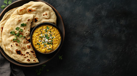Experience the rich flavors of Indian cuisine with soft naan bread served alongside a hearty lentil curry, garnished with fresh herbs, on a textured dark background.の素材