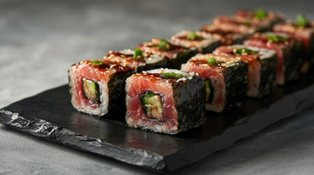 A close-up of beautifully arranged sushi rolls on a slate plate, showcasing fresh ingredients and vibrant colors, ideal for food photography and culinary inspiration.の素材