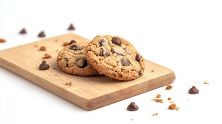 Freshly baked chocolate chip cookies displayed on a wooden board, with scattered chocolate chips and crumbs, ideal for those seeking delightful treats and baking inspiration.の素材
