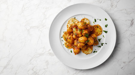 A vibrant plate featuring spicy fried potato balls served with crispy chips and fresh herb garnish, perfect for appetizing snacks or special occasions.の素材