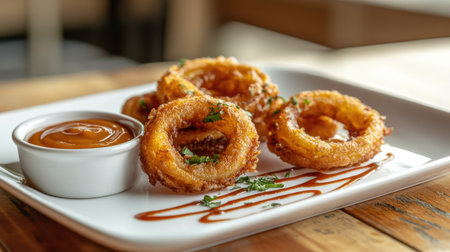 A plate of crispy onion rings accompanied by a dip, perfect for sharing in a cozy restaurant. Ideal for food lovers looking for savory snacks.の素材