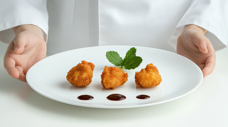 A beautiful arrangement of crispy fried bites delicately garnished with fresh mint, served on an elegant white plate embellished with drizzled sauce, ideal for gourmet culinary displays.の素材