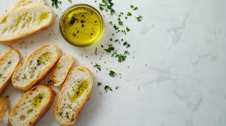 A delicious arrangement of freshly baked bread slices served with aromatic olive oil and herbs creates a delightful culinary experience on a white marble surface.の素材