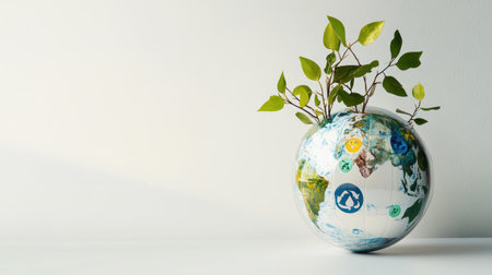 A captivating image of a globe with a leafy plant that represents the harmonious relationship between nature and modern living, ideal for promoting sustainability and eco-friendly practices.の素材