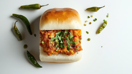 A delectable spicy vegetable sandwich featuring a soft bun, complemented by fresh herbs and green chilies, ideal for casual dining or fast food enjoyment.の素材
