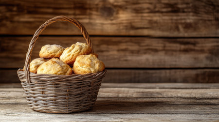 A charming basket filled with freshly baked cookies sits on a rustic wooden surface, capturing the essence of homemade goodness and inviting indulgence for any culinary project.の素材