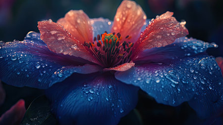A captivating close-up image of a vibrant flower showcasing intricate details and glistening water droplets, capturing the beauty of nature in exquisite detail.の素材