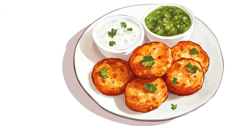 A beautifully presented plate featuring crispy golden potato snacks served with fresh green chutney and cool yogurt dip, garnished with coriander leaves. Perfect for any occasion.の素材