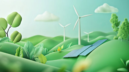 A vibrant stylized landscape showcases solar panels and wind turbines surrounded by lush greenery, emphasizing sustainable energy and a commitment to eco-friendly technology.の素材