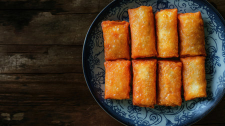 A vibrant display of crispy golden spring rolls neatly arranged on a decorative blue and white plate, set against a rustic wooden background, perfect for food photography.の素材