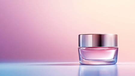 This image showcases an elegant glass jar of moisturizer against a soft gradient background, perfect for beauty and skincare product promotions or advertising materials.の素材